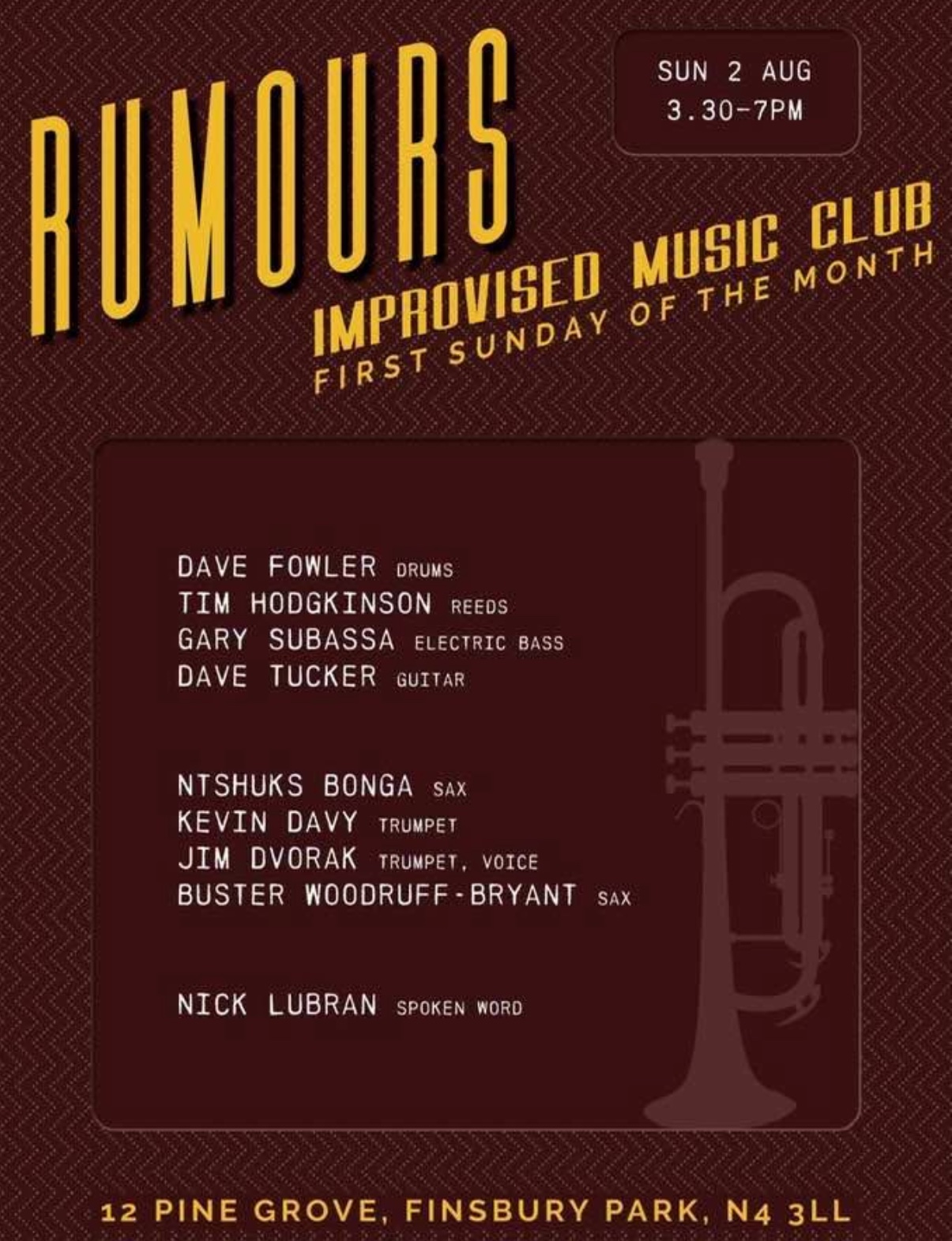 Flyer connected to Dave Fowler, Tim Hodgkinson, Gary Subassa, Dave Tucker, Ntshuks Bonga, Kevin G Davy, Jim Dvorak, Buster Woodruff-Bryant, Nick Lubran