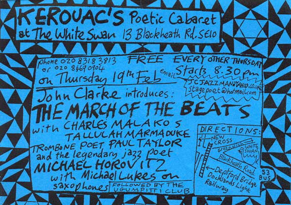 Flyer connected to Charles Malla-Kos, Talulah Marmaduke, Trombone Poetry, Paul Taylor, Michael Horovitz, Michael Lukes